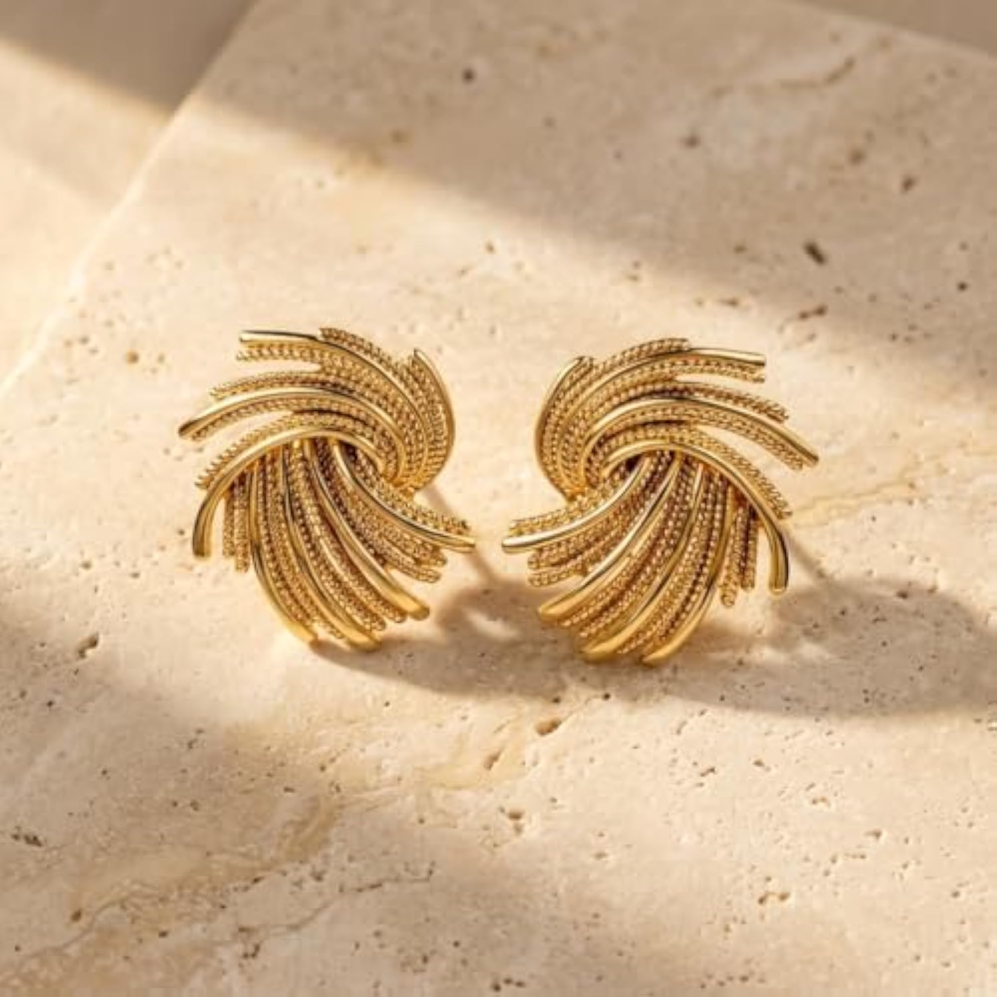 Women's Premium Textured Swirl Stud Earrings, 18K Gold Plated